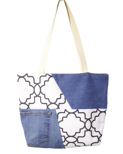 Repurposed Denim Tote Bag with Inside Zipper Pocket (Black Repurposed Denim Tote Bag with Inside Zipper Pocket (Black